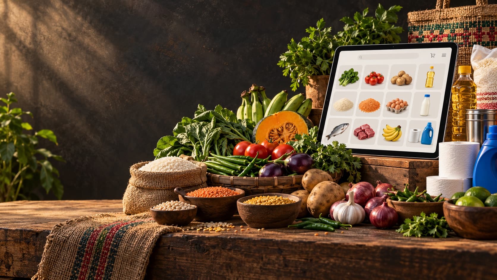 Illustrative digital catalogue beside everyday products